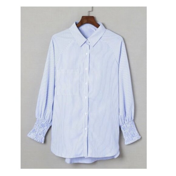 Blue & White Oversized Pinstriped Smocked Button-Up Shirt (XL / 1X) SO PRETTY! - Picture 3 of 14